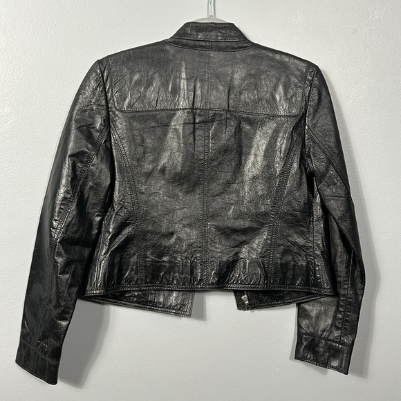DKNY Donna Karan City Black Leather Jacket Moto Style Hard Leather size Petite - Picture 9 of 17